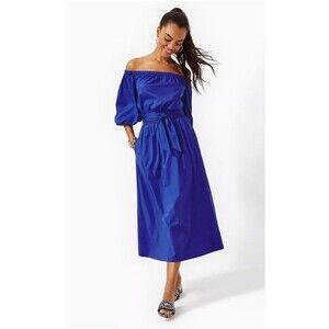 Lilly Pulitzer Blue Shawnlee Sleeve Off The Shoulder Cotton Midi Dress, Large
